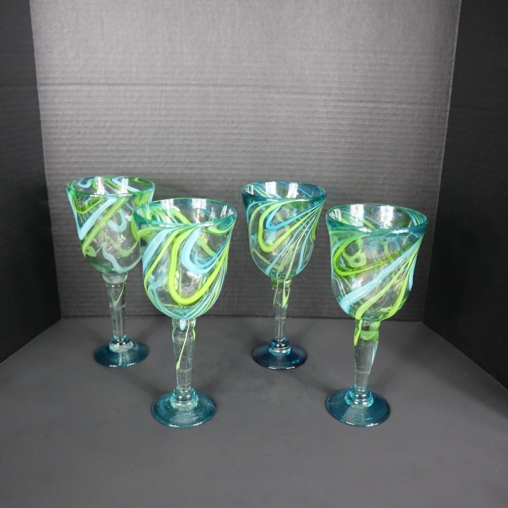 Set Of 4 Matching Hand Blown Mexican Blue/Green Swirl Margarita Glasses 9.5 in. - Picture 7 of 9